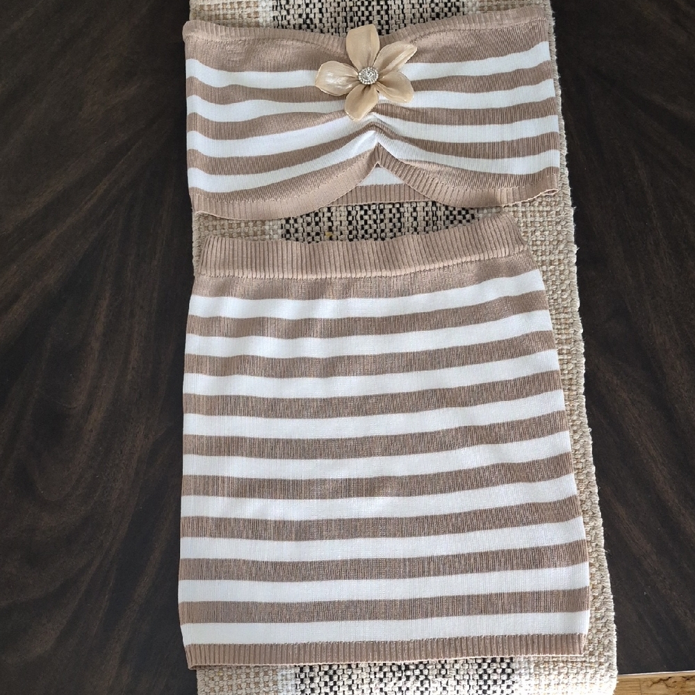 Striped Beige and White Knit Pencil Skirt with matching Bandeau Top